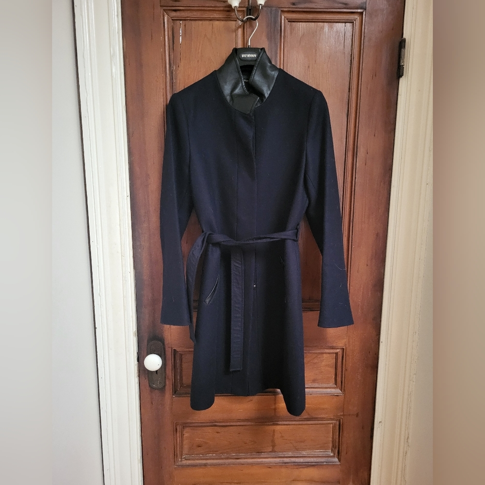 Maison Scotch Soda Blue Navy Wool 3/4 Coat with Leather Collar Size M NWOT